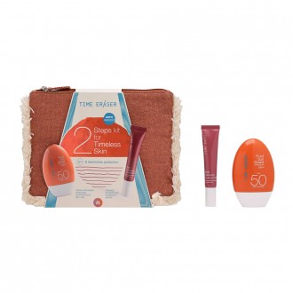 Time Eraser set in Red-brown cosmetic bag with sun care lotion SPF50 and serum against blemishes
