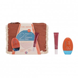Time Eraser in Red-brown cosmetic bag with color sun care lotion SPF50 and  serum against blemishes