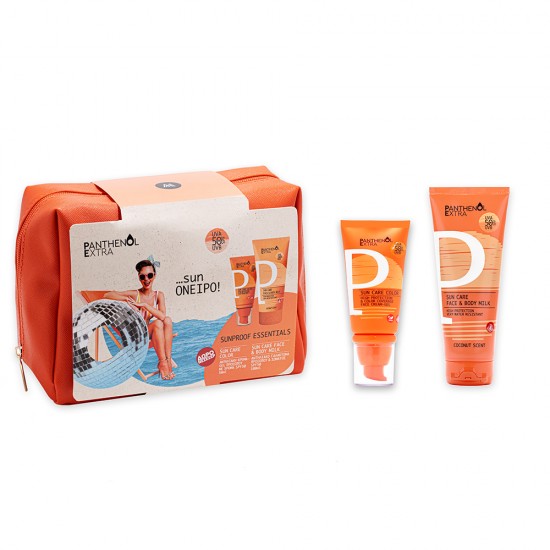 Panthenol Extra set with Sun Care Color SPF50, Sun Care Face & Body Milk SPF50 and orange cosmetic bag