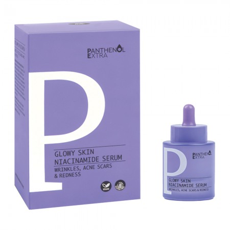 Panthenol Extra Glowy Skin Niacinamide Serum συσκευασία Πανίσχυρος ορός με Νιασιναμίδη 4% και Υαλουρονικό Οξύ